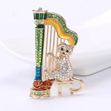 Music Cat Brooch Playing Harp Rhinestone Cartoon Pin
