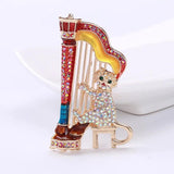 Music Cat Brooch Playing Harp Rhinestone Cartoon Pin