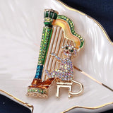 Music Cat Brooch Playing Harp Rhinestone Cartoon Pin