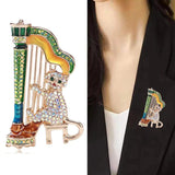 Music Cat Brooch Playing Harp Rhinestone Cartoon Pin