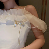 Long Chain Brooches Pearl Flower Number 5 Tassel Chain Crystal Jewelry for Women