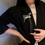 Long Chain Brooches Pearl Flower Number 5 Tassel Chain Crystal Jewelry for Women