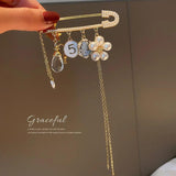 Long Chain Brooches Pearl Flower Number 5 Tassel Chain Crystal Jewelry for Women