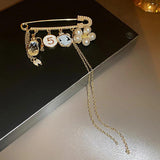 Long Chain Brooches Pearl Flower Number 5 Tassel Chain Crystal Jewelry for Women
