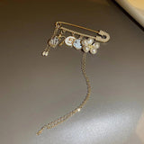 Long Chain Brooches Pearl Flower Number 5 Tassel Chain Crystal Jewelry for Women