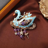 Elegant Retro Glaze Rhinestone Tassel Duck Brooch