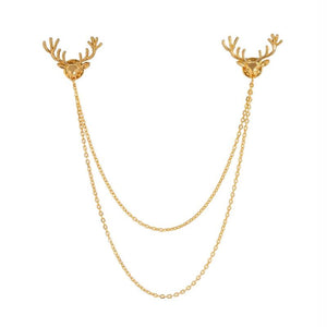 Christmas Elk Tassel Brooch Double Layer Chain Shirt Collar Pin Charm Jewelry
