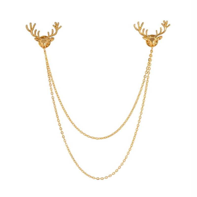 Christmas Elk Tassel Brooch Double Layer Chain Shirt Collar Pin Charm Jewelry