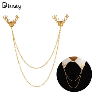 Christmas Elk Tassel Brooch Double Layer Chain Shirt Collar Pin Charm Jewelry