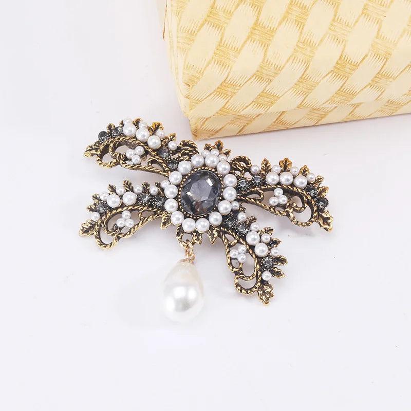 Rhinestone Pearl Bow Brooch Girl Pin Retro Corsage Accessories