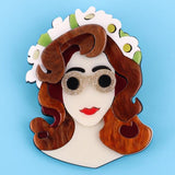 Acrylic Wreath Glasses Lady Brooch Brown Hair Girl Figure Lapel Pins