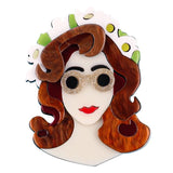Acrylic Wreath Glasses Lady Brooch Brown Hair Girl Figure Lapel Pins