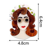 Acrylic Wreath Glasses Lady Brooch Brown Hair Girl Figure Lapel Pins