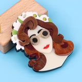 Acrylic Wreath Glasses Lady Brooch Brown Hair Girl Figure Lapel Pins