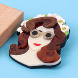 Acrylic Wreath Glasses Lady Brooch Brown Hair Girl Figure Lapel Pins