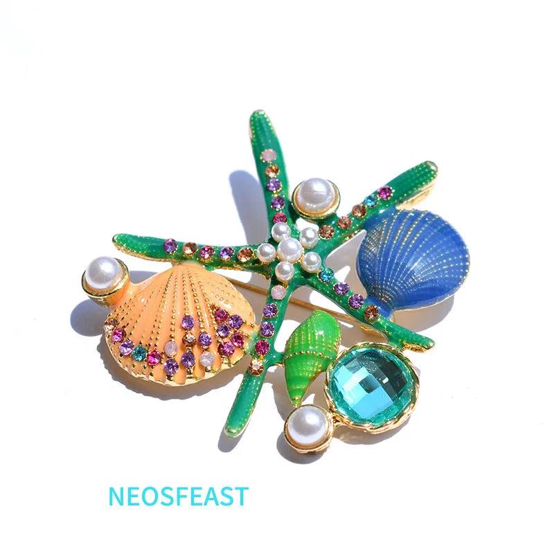 Rhinestone Shell & Starfish Brooches for Women Ladies Corsage Alloy Pin