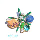 Rhinestone Shell & Starfish Brooches for Women Ladies Corsage Alloy Pin
