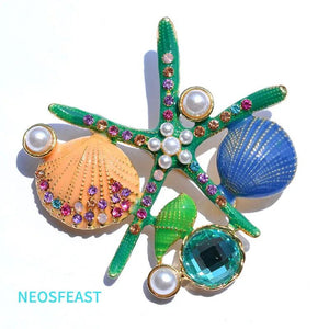 Rhinestone Shell & Starfish Brooches for Women Ladies Corsage Alloy Pin