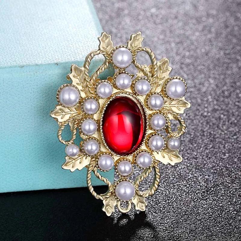 Vintage Red Flower Hijab Brooch with Pearl Scarf Pin