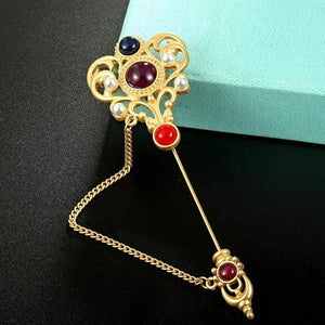 Donia Jewelry Green Red Resin Crown Scarf Pin Bridal Jewelry