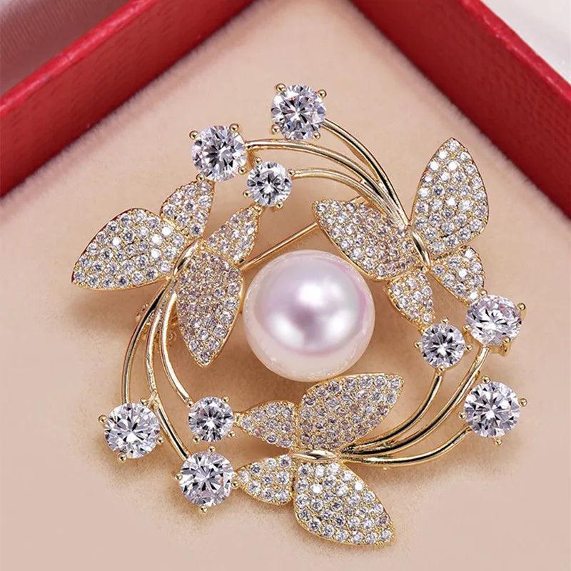 Rhinestone Butterfly Brooch With Pearls Corsage Wedding Jewelry