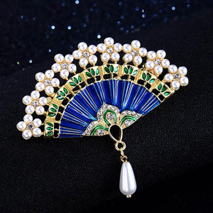 Zlxgirl Cartoon Enamel Fan Shape Brooch Pearl Scarf Hat Pin