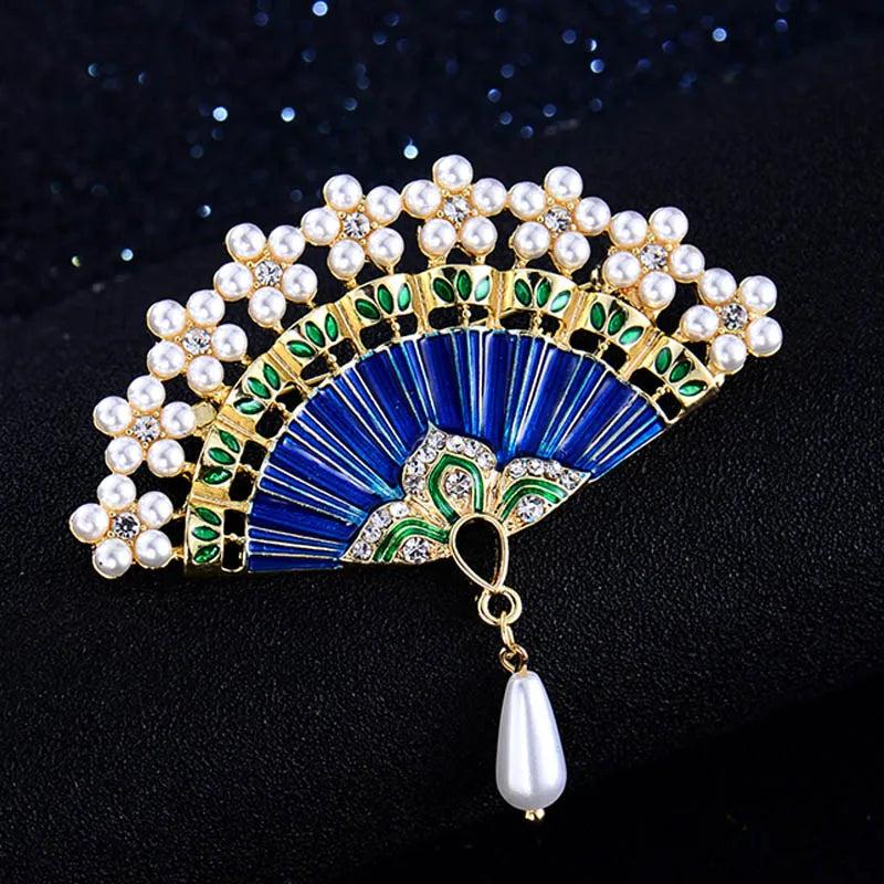 Zlxgirl Cartoon Enamel Fan Shape Brooch Pearl Scarf Hat Pin