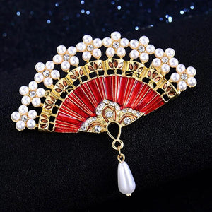 Zlxgirl Cartoon Enamel Fan Shape Brooch Pearl Scarf Hat Pin