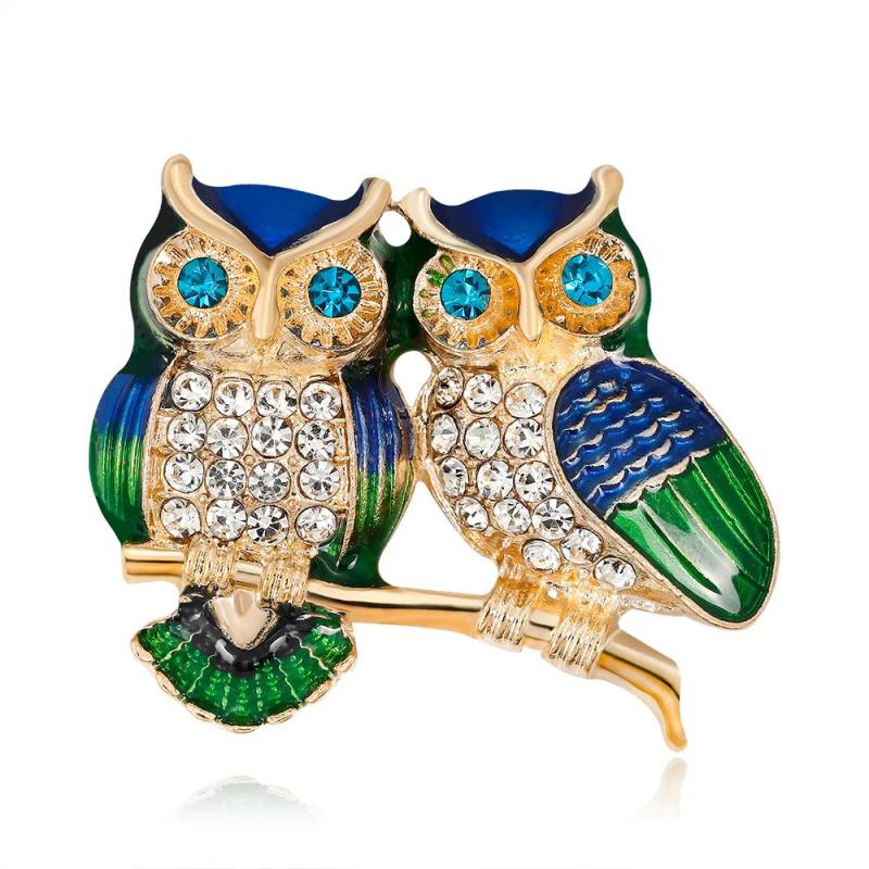 Double Owl Brooch Pins Crystal Animal jewelry AL216