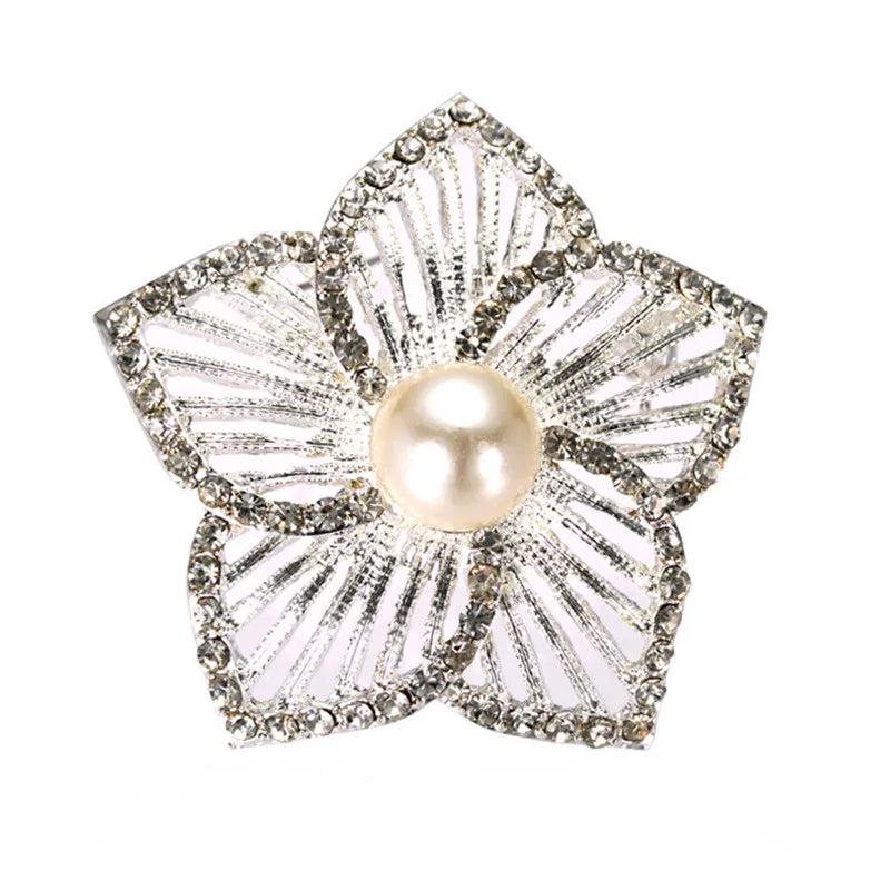 Hollow Matte Silver Flower Pearl Brooch Rhinestones Flower Brooches