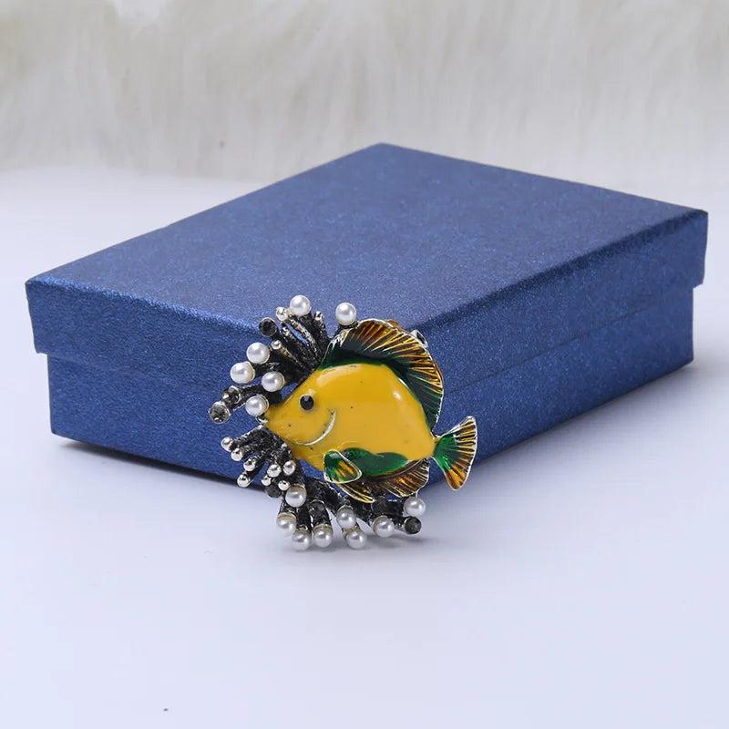 Marine Fish Enamel Brooch Coral Pearl Oil Drip High-grade Corsage