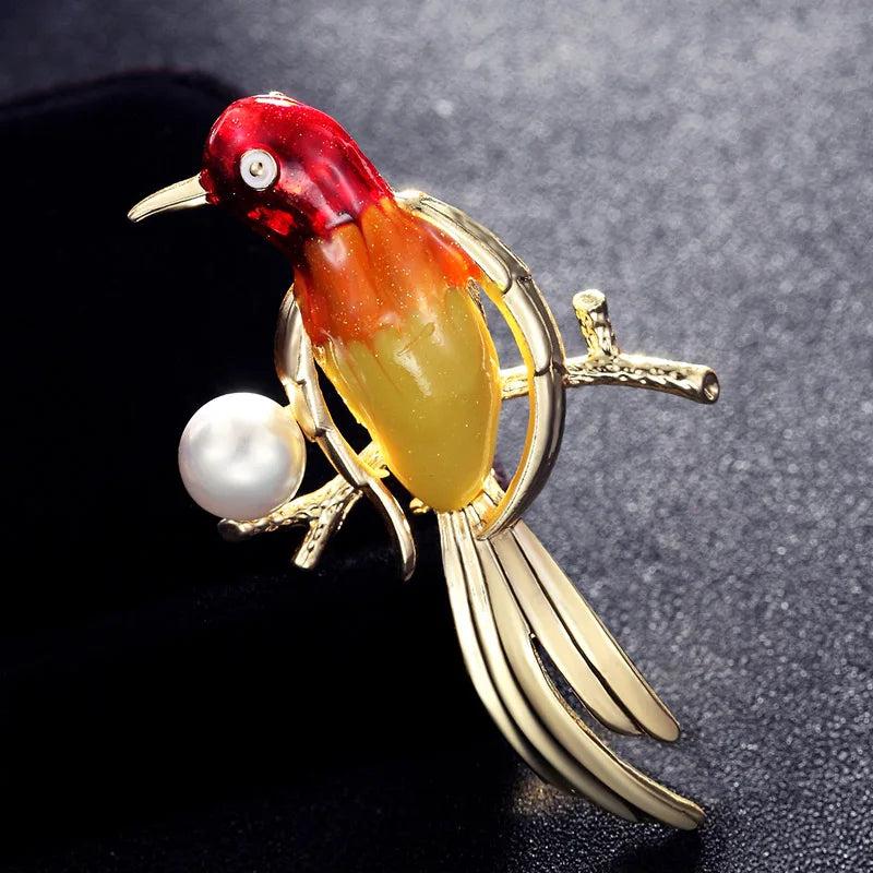 Red Green Enamel Birds Brooches for Men's Pearl Cartoon Animal Brooch Pins