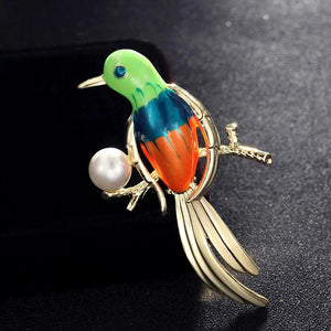 Red Green Enamel Birds Brooches for Men's Pearl Cartoon Animal Brooch Pins