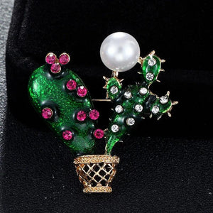 Green Rhinestone Cactus Brooches Enamel Flower Pin Banquet Broche Bag Pins