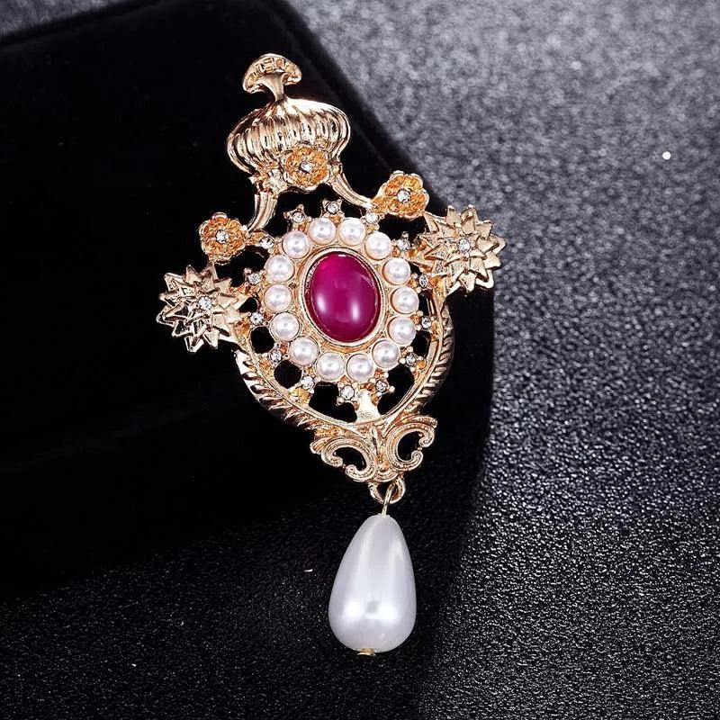 Red Rhinestone Brooches Wedding Bridal Jewelry Pearl Pin Hats Accessory