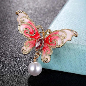 Pink Enamel Butterfly Brooch Anniversary Jewelry Pearl Scarf Pin Bridal