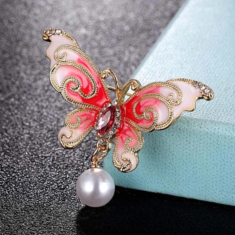 Pink Enamel Butterfly Brooch Anniversary Jewelry Pearl Scarf Pin Bridal