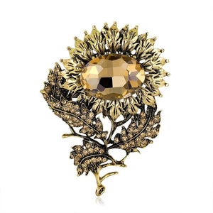 Vintage Sunflower Crystal Brooch Women Alloy Rhinestone Leaves Pin