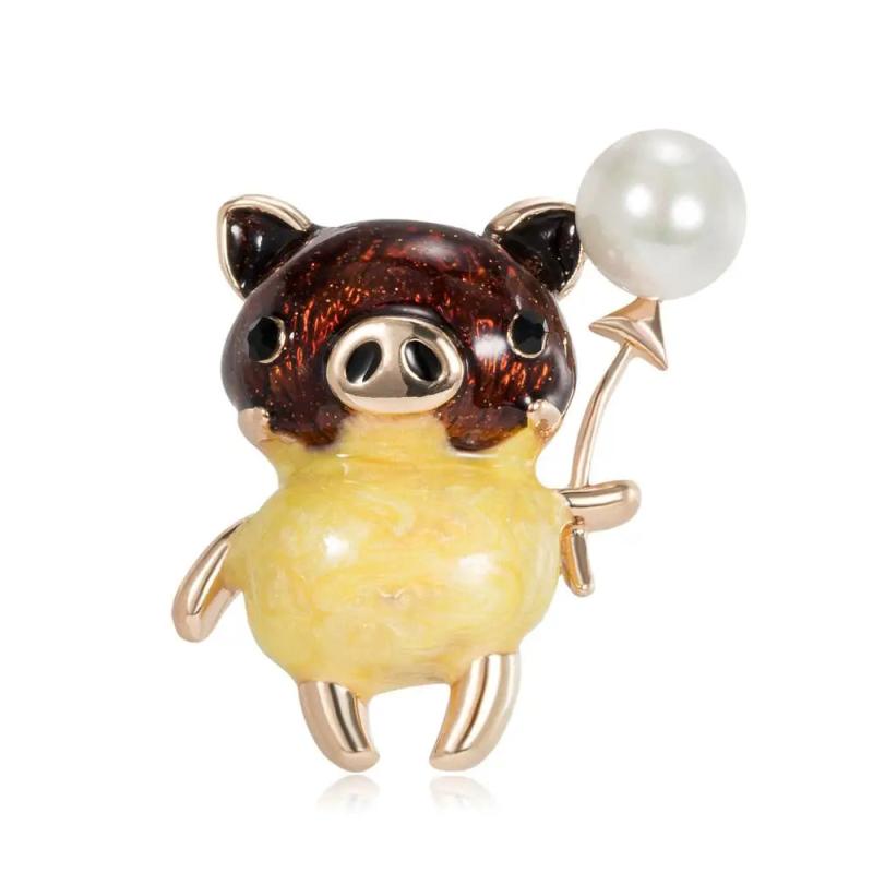 Enamel Pearl Pig Brooch Animal Pin Badge Gift For Kids