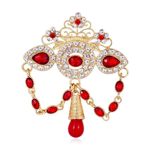 Red Water Drop Crystal Rhinestone Brooch Metal Tassel Pin for Women Wedding