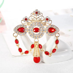 Red Water Drop Crystal Rhinestone Brooch Metal Tassel Pin for Women Wedding
