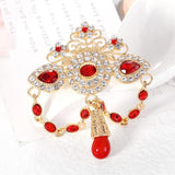 Red Water Drop Crystal Rhinestone Brooch Metal Tassel Pin for Women Wedding