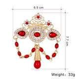 Red Water Drop Crystal Rhinestone Brooch Metal Tassel Pin for Women Wedding