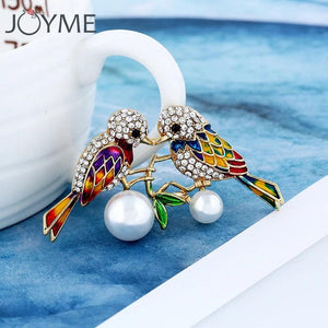 Enamel Two Bird Brooch w/ Crystal Pearls Collar Clip Dress Decoration