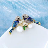 Enamel Two Bird Brooch w/ Crystal Pearls Collar Clip Dress Decoration