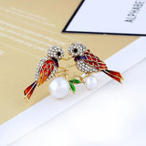 Enamel Two Bird Brooch w/ Crystal Pearls Collar Clip Dress Decoration