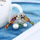 Enamel Two Bird Brooch w/ Crystal Pearls Collar Clip Dress Decoration