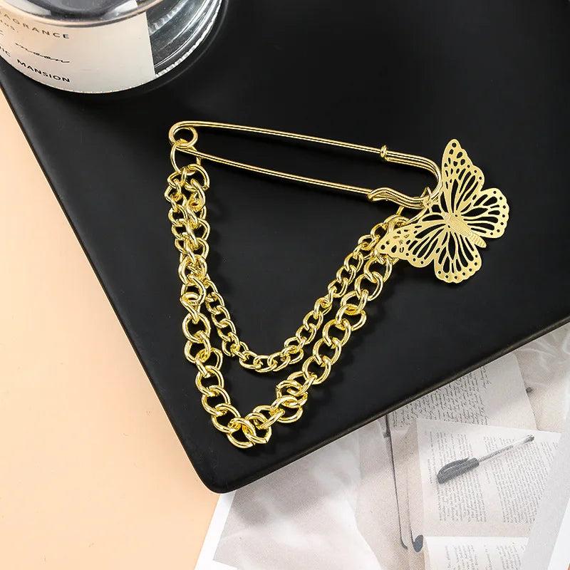 Punk Alloy Big Pins Double Layer Hanging Chain Butterfly Pendant Brooches