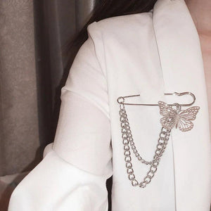 Punk Alloy Big Pins Double Layer Hanging Chain Butterfly Pendant Brooches