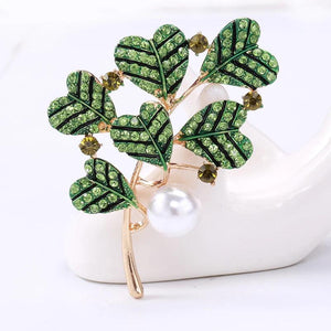 Red Leaves Plant Brooch with Rhinestone Corsage Pin